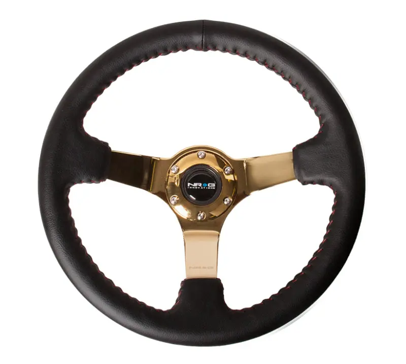 Nrg Reinforced Steering Wheel (350Mm / 3In. Deep) Blk Leather/Red Bball Stitch W/4Mm Gold Spokes 2