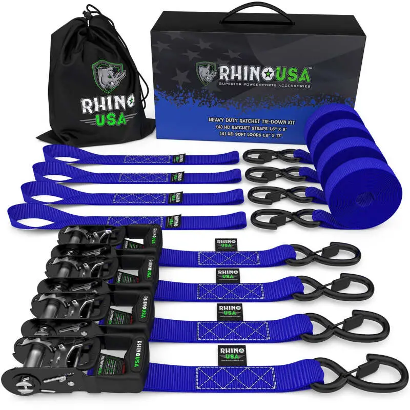 Rhino Usa Heavy Duty Ratchet Tie-Down 4-Pack Blue 1.6In X 15Ft 1