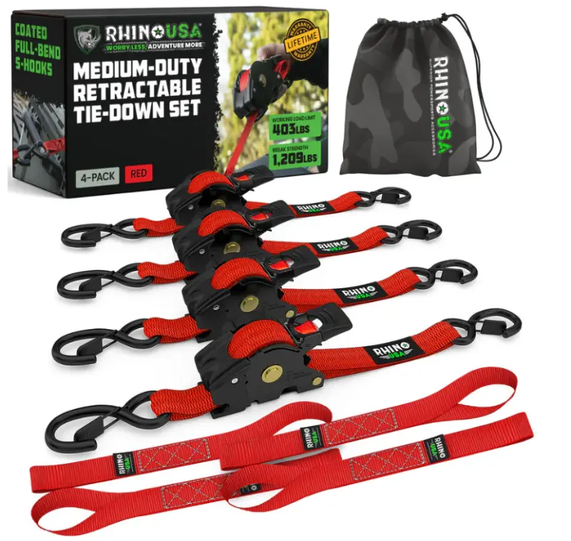 Rhino Usa Retractable Ratchet Straps (4Pk 1Inx10ft) (Red) 1