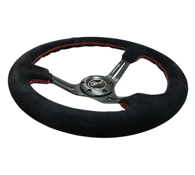 Nrg Reinforced Steering Wheel (350Mm / 3In. Deep) Blk Suede W/Red Stitching & 5Mm Spokes W/Slits 1