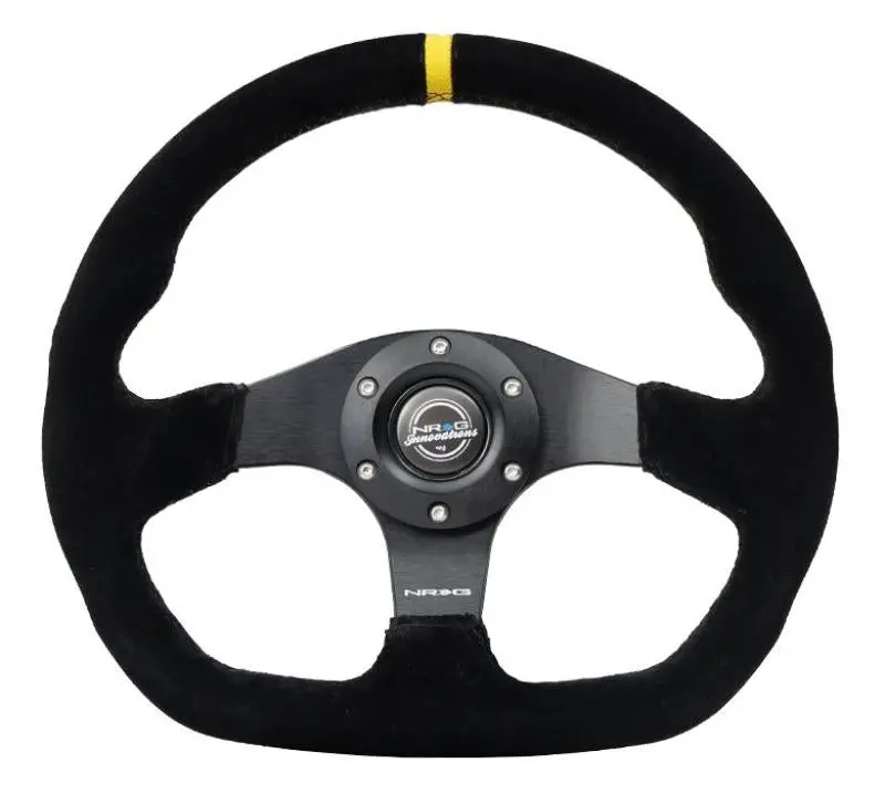 Nrg Reinforced Steering Wheel (320Mm) Sport Suede Dual Push Buttons Flat Bottom W/ Yellow Center 1