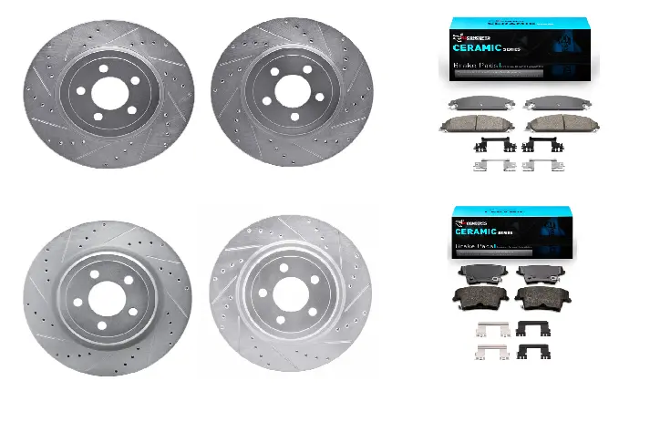 R1 2006-2023 Dodge Charger / Challenger / 300 Front & Rear Drilled & Slotted Rotors With Ceramic Pads (2 Piston Front) 1