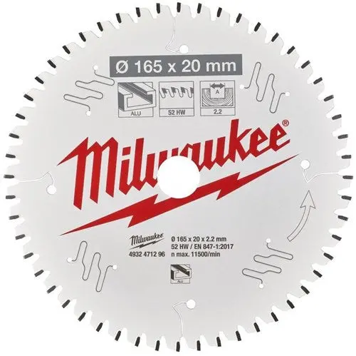 Milwaukee Accessoires Cirkelzaagblad P Alu165x20x2,2X52tf Neg. - 4932471296 1