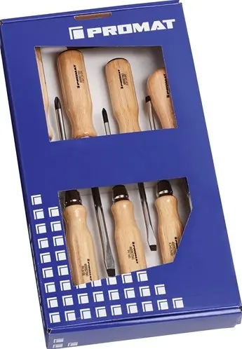 Promat Tecwerk Schroevendraaierset | 7-Delig Sleuf Ph Priem | Houten Greep | Ronde Kling Met 6-Kant Aanzet - 4000827119 1